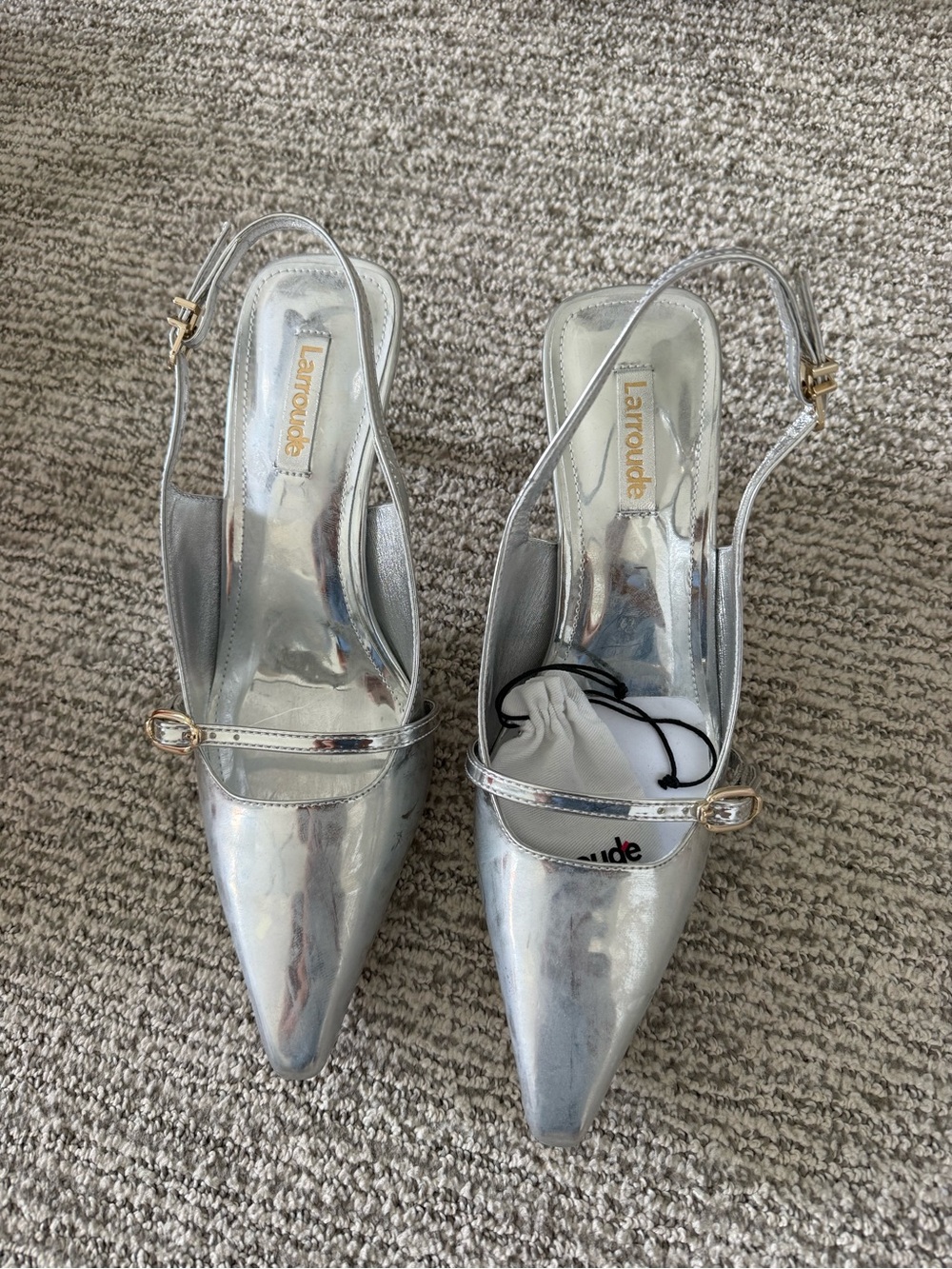 Larroude Metallic Silver Pointed-Toe Slingback Heels